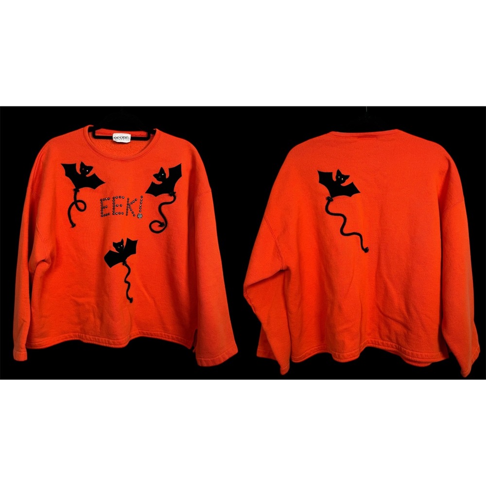 VTG‎ 90s Women XL Peone Orange Halloween Sweatshirt Bats EEK Rhinestone Spooky